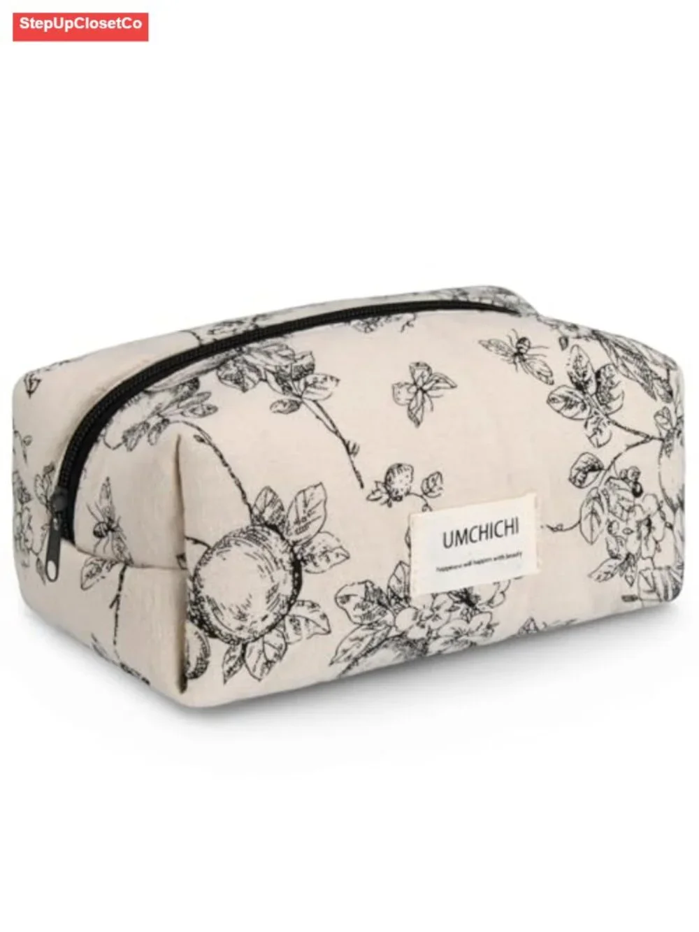 Quilted Cotton Makeup Bag, Vintage Floral Cosmetic Organizer, Travel Toiletry